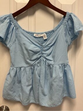 Sky Blue Babydoll Top SZ M Linen Blend Romantic Cottagecore Top Blouse peplum